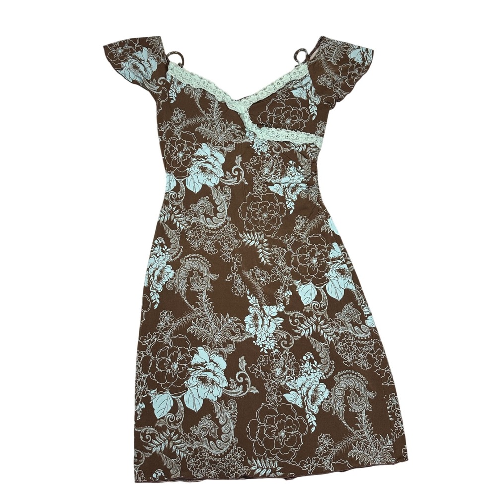 Sfuzi Brown Blue Floral Paisley Lace Trim Dress Small‎ Made in USA Q33JT27